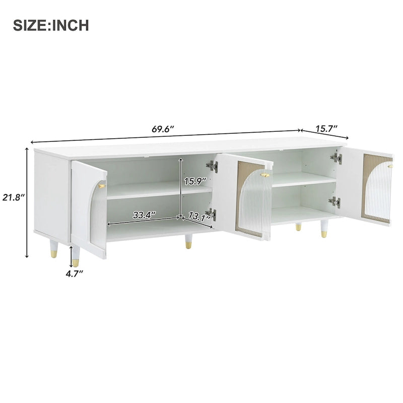 Elegante Medienkonsole mit goldenen Griffen und gewölbten Türen aus Riffelglas