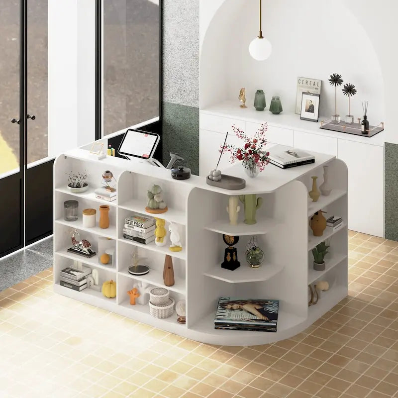 Weißer Empfangstresen mit seitlicher Schublade und Schrank