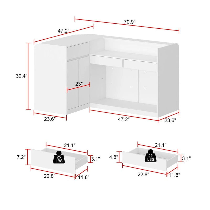 Weißer Empfangstresen mit seitlicher Schublade und Schrank