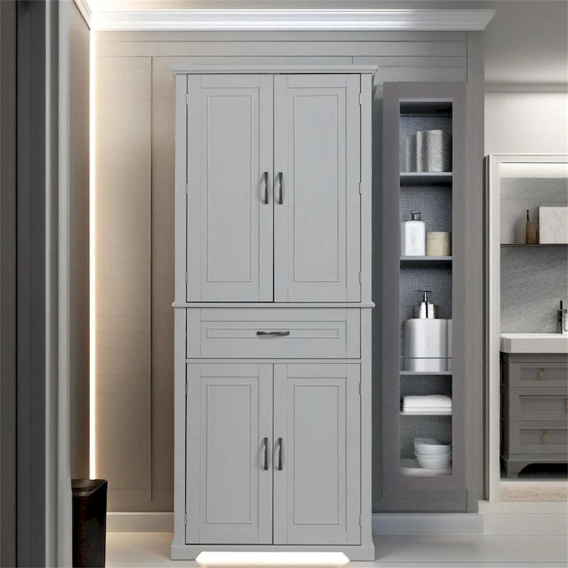 Hoher Badezimmerschrank mit Türen und Schublade, Grau