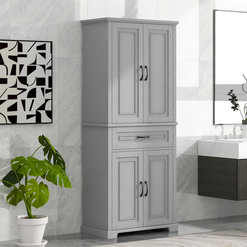 Hoher Badezimmerschrank mit Türen und Schublade, Grau