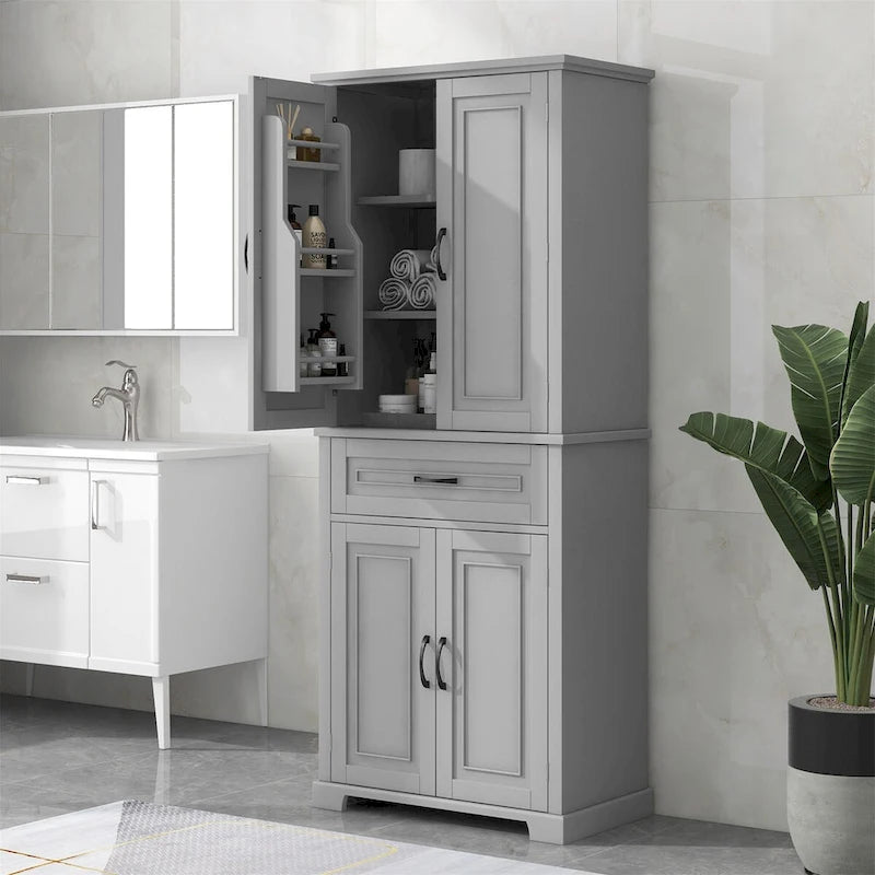 Hoher Badezimmerschrank mit Türen und Schublade, Grau