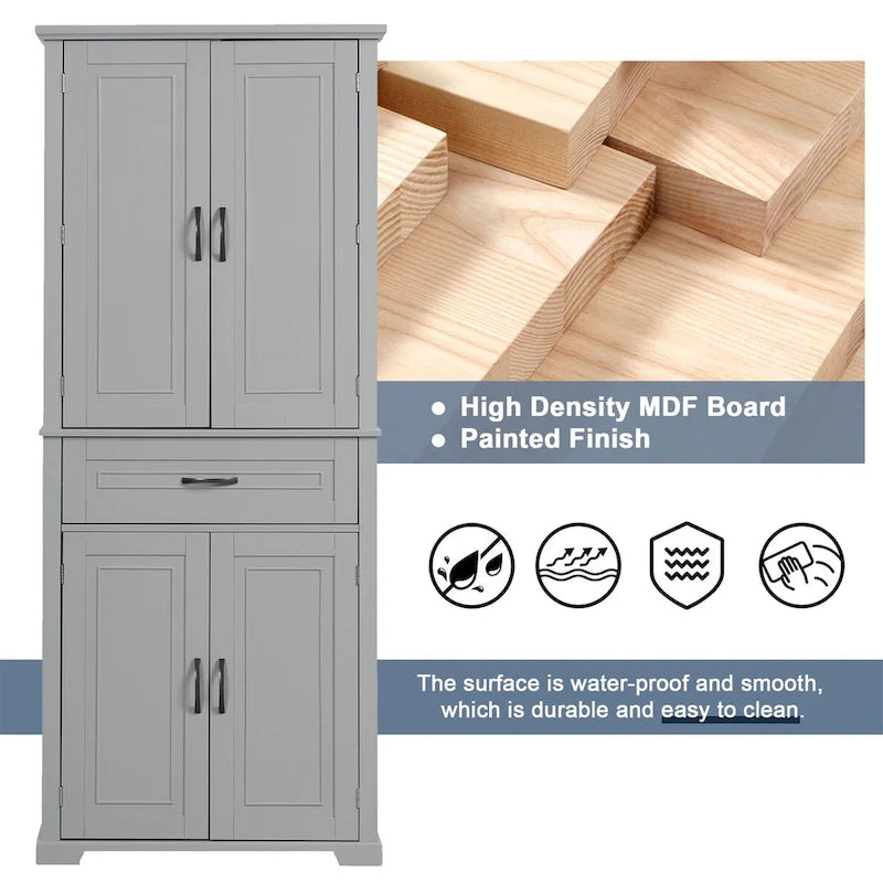 Hoher Badezimmerschrank mit Türen und Schublade, Grau
